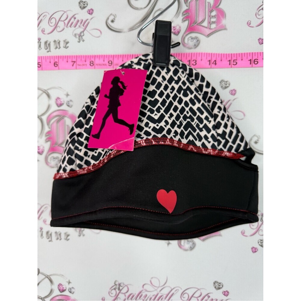 Black & White Patterned Running Beanie with Red Heart